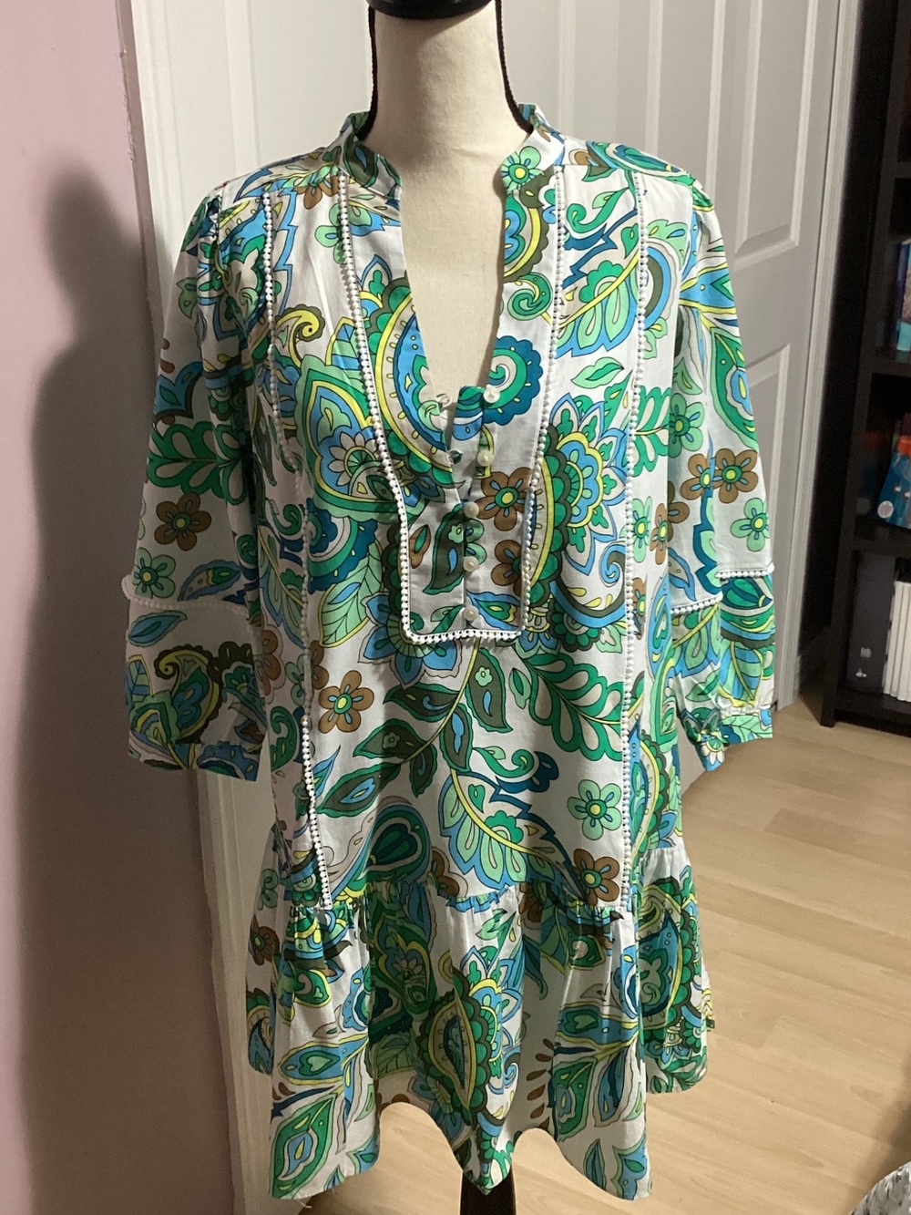LOFT White Tunic Dress with Green and Blue Paisley